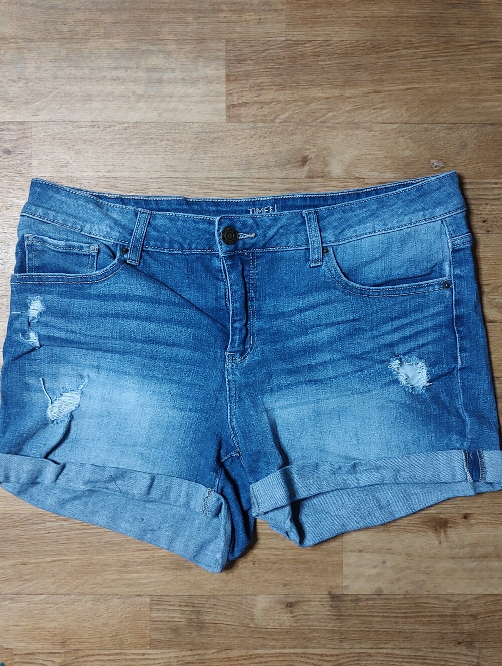 Time and Tru Medium Blue Distressed Roll-Cuff Jean Shorts